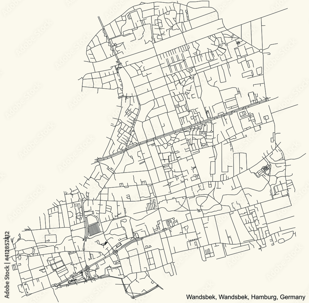 Fototapeta premium Black simple detailed street roads map on vintage beige background of the neighbourhood Wandsbek quarter of the Wandsbek borough (bezirk) of the Free and Hanseatic City of Hamburg, Germany
