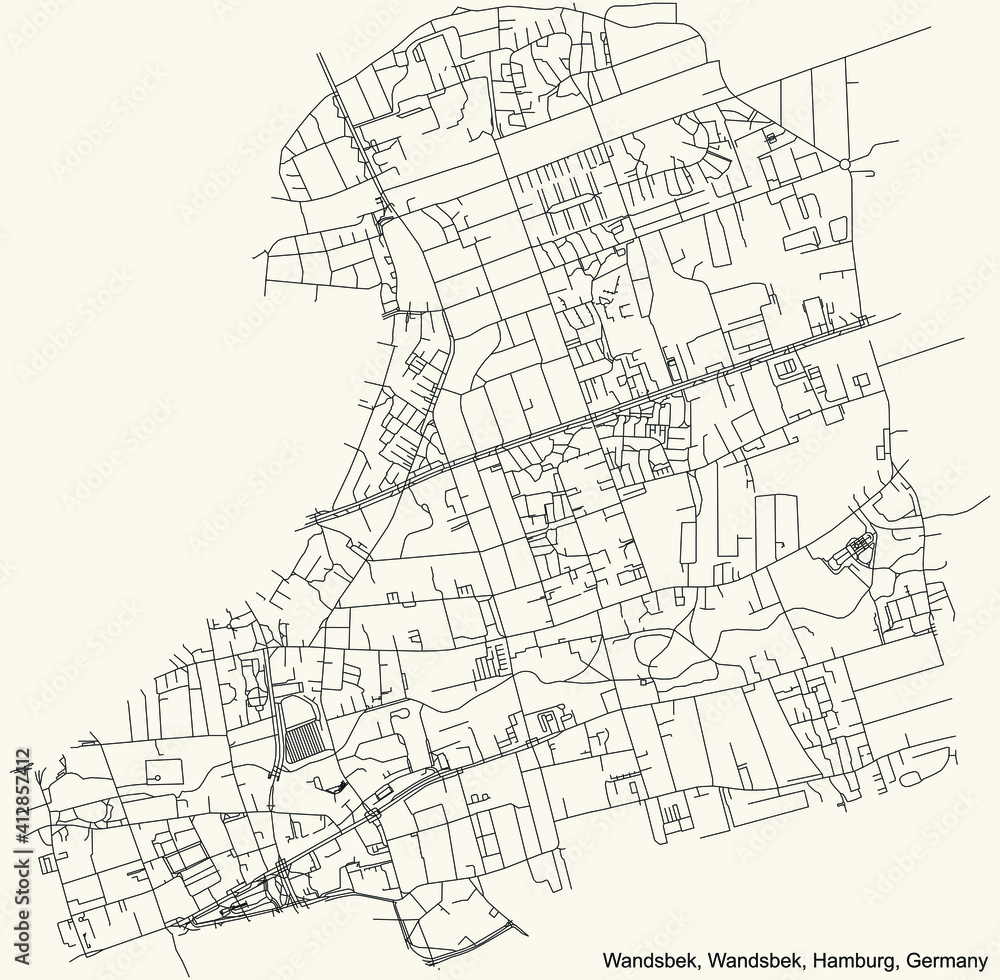 Black simple detailed street roads map on vintage beige background of the neighbourhood Wandsbek quarter of the Wandsbek borough (bezirk) of the Free and Hanseatic City of Hamburg, Germany