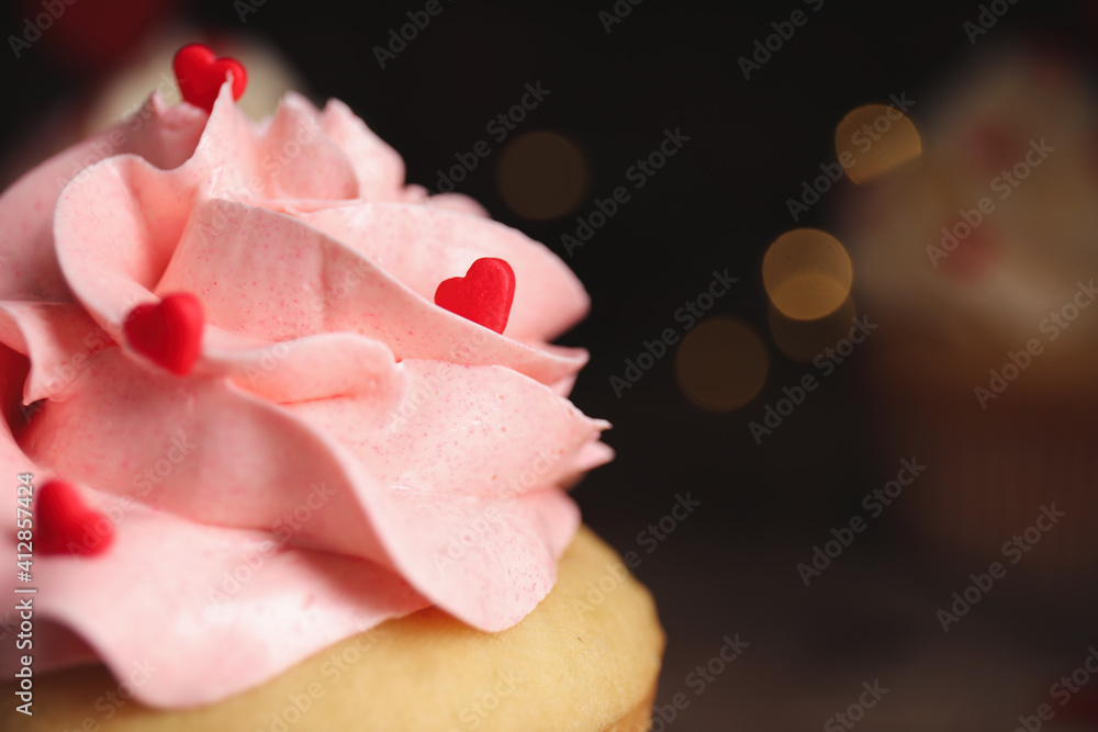 custom made wallpaper toronto digitalTasty sweet cupcake on blurred background, closeup view with space for text. Happy Valentine's Day