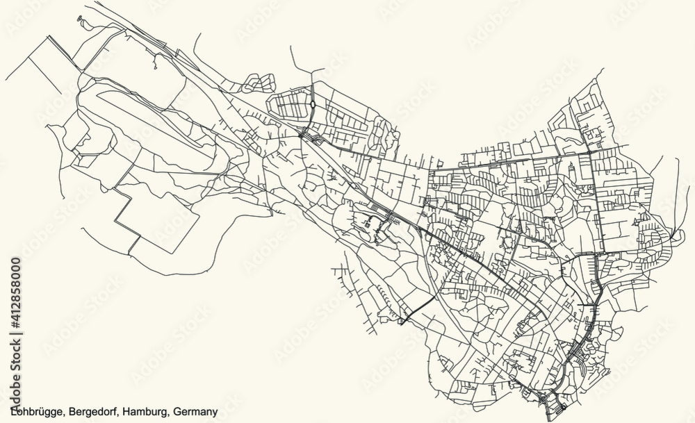 Black simple detailed street roads map on vintage beige background of the neighbourhood Lohbrügge quarter of the Bergedorf borough (bezirk) of the Free and Hanseatic City of Hamburg, Germany