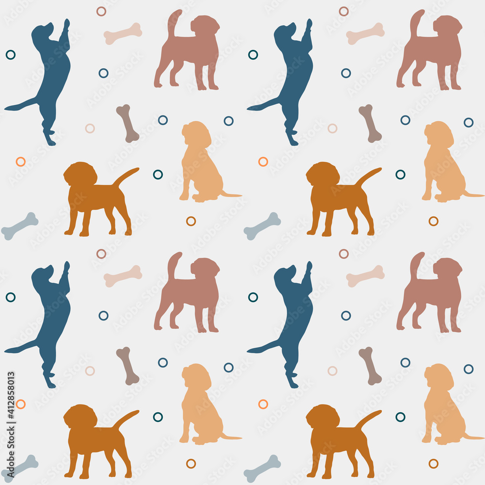 Fototapeta premium Seamless colorful pattern with dogs and bones. Background for pet shop, veterinary clinic, pet store, zoo, shelter. Flat style design, vector illustration.