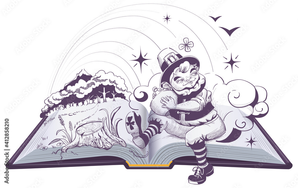 Fototapeta premium Greedy Patrick leprechaun holding pot of gold. Open book illustration drawing