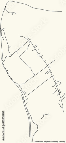 Black simple detailed street roads map on vintage beige background of the neighbourhood Spadenland quarter of the Bergedorf borough (bezirk) of the Free and Hanseatic City of Hamburg, Germany