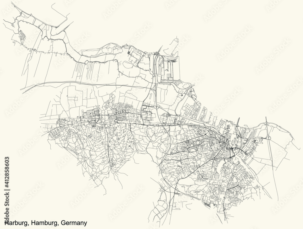 Black simple detailed street roads map on vintage beige background of the neighbourhood Harburg borough (bezirk) of the Free and Hanseatic City of Hamburg, Germany