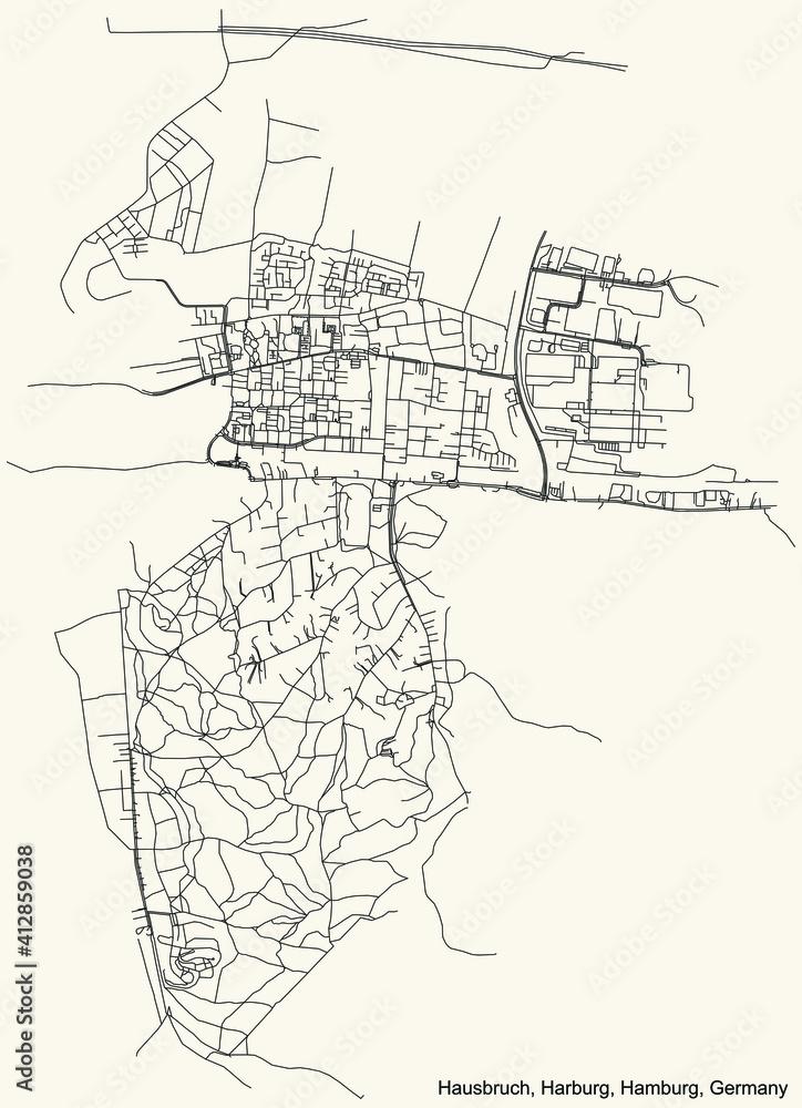 Black simple detailed street roads map on vintage beige background of the neighbourhood Hausbruch quarter of the Harburg borough (bezirk) of the Free and Hanseatic City of Hamburg, Germany