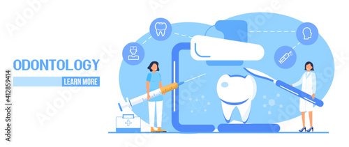 Dental services vector concept for landing page. Dentists make x-ray scan of teeth to help toothache, to whiten enamel or recovery implant.