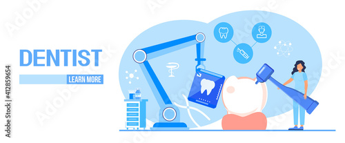 Dental services vector concept for landing page. Dentists make x-ray scan of teeth to help toothache, to whiten enamel or recovery implant.