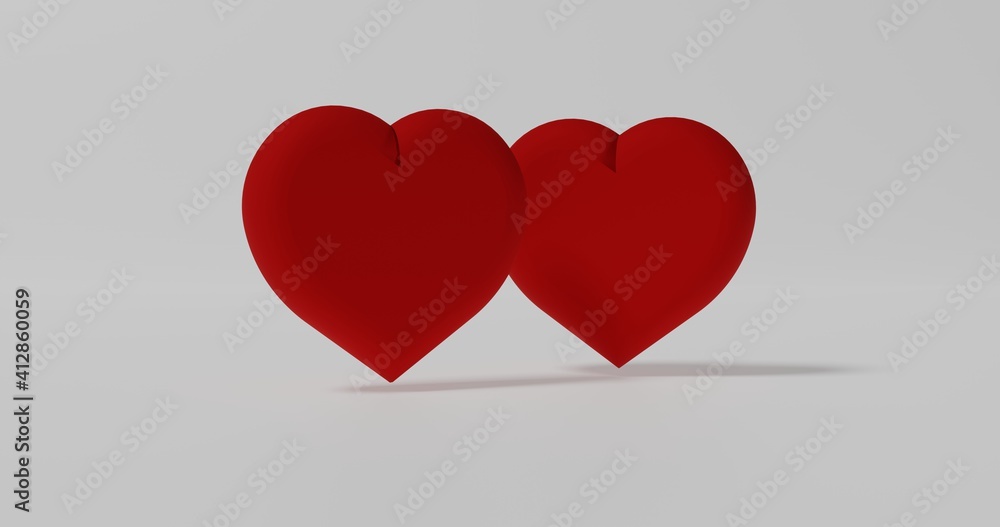 Two nicely shaped 3D red hearts with shadows on white, 3D rendering