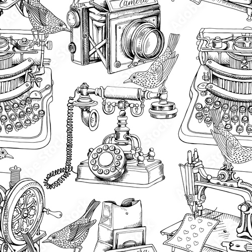 Seamless pattern with image of a Vintage Camera, Telephone, Typewriter, Sewing machine and a birds. Vector black and white illustration.