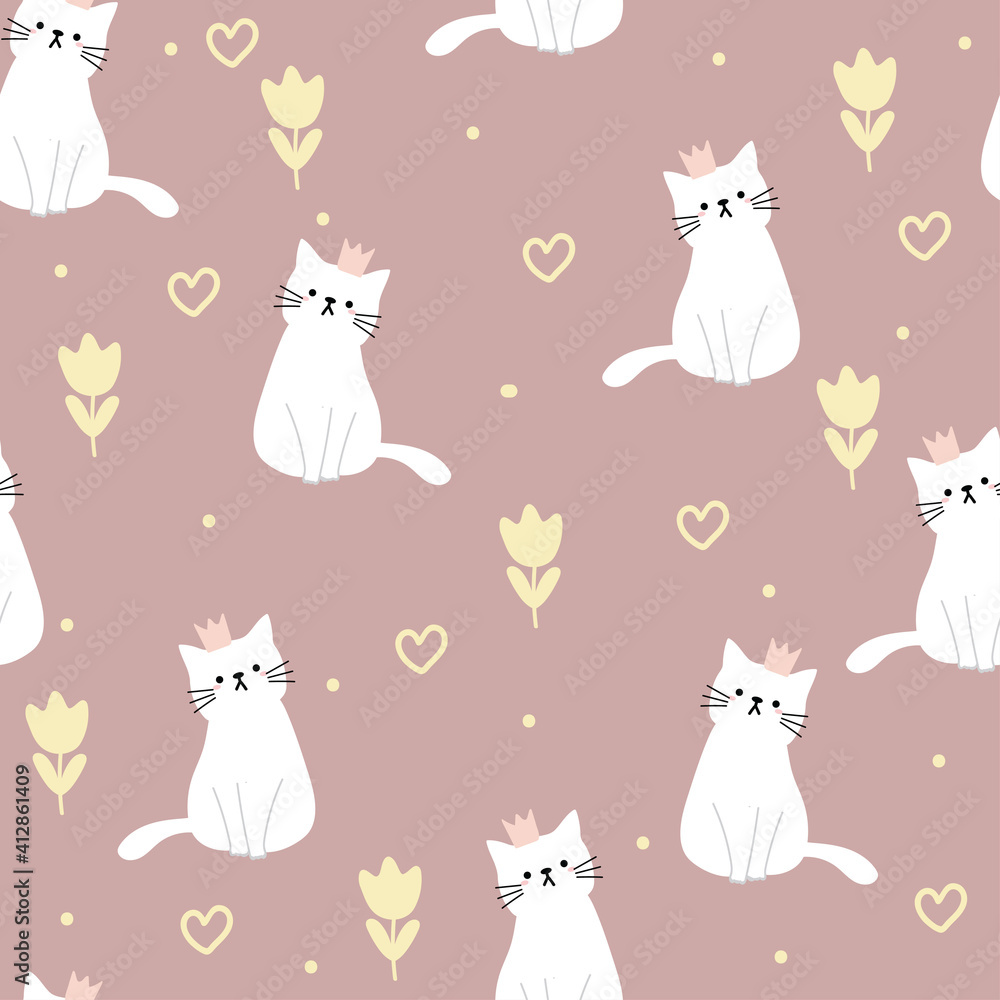 Seamless pattern with cute cartoon cats and heart for fabric print, textile, gift wrapping paper. colorful vector for kids, flat style