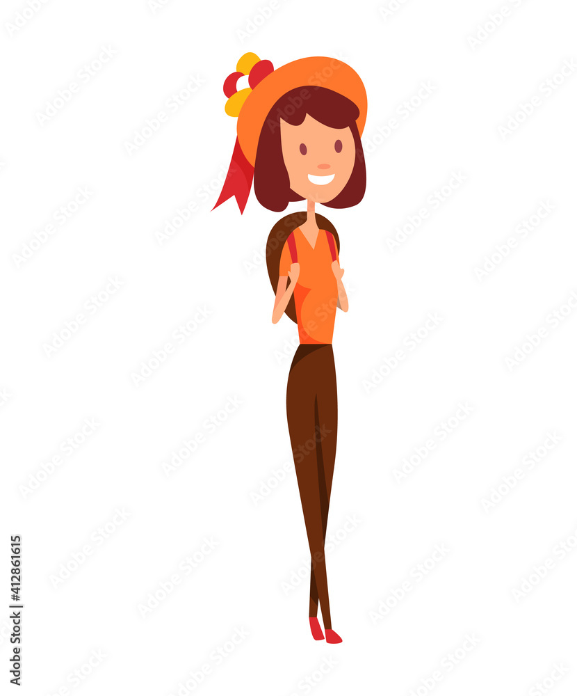 Tourist. Concept of an active lifestyle, tourism. A young girl with a backpack on her back and hat is looking ahead. illustration Tourist. Concept of an active lifestyle, tourism. A young girl with a backpack on her back and hat is looking ahead. illustration