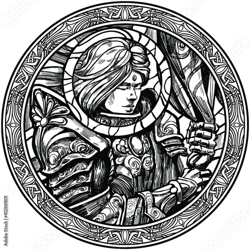 The girl knight with a smile on her face firmly clutches the flag with her hands in iron gloves, she is wearing the heaviest armor with many patterns, a round halo around her head. 2d illustration.