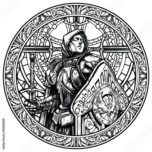 The girl knight in heavy armor with a huge tower shield and a sword peacefully catches the rays of light with her face. 2d illustration.