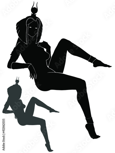 Black silhouette of an elegant sexy Egyptian woman who is sitting in an imposing pose. 2d illustration.