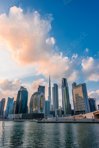 Dubai skyline. Modern futuristic skyscrapers and water canal view. 