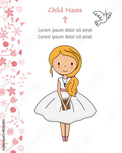 First communion card. Floral card cgirl with a Bible