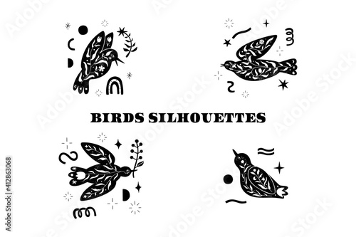 FLoral black bird silhouette. Vector scandinvian design