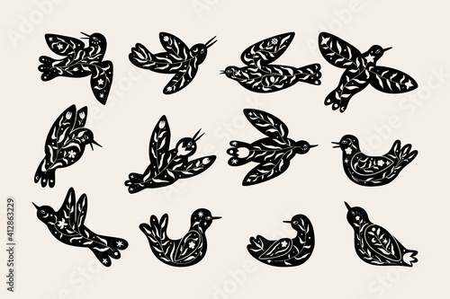 FLoral black bird silhouette. Vector scandinvian design