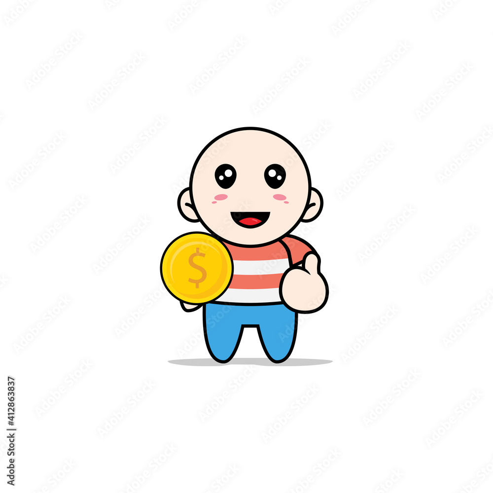 Cute boy character holding a coin.