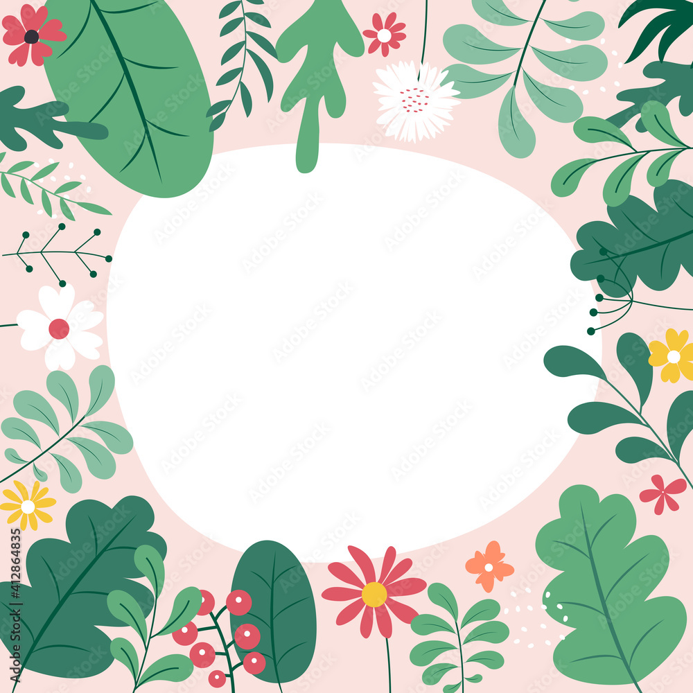 Abstract spring and summer flat simple natural background with flowers, plant and copy space for banner, greeting card, poster. Vector Illustration EPS10