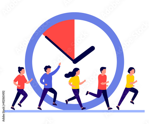 People run, hurry, rush to do on work, time is running out. Work time management, people and clock, deadline. People are late. Business timing, concept of interaction people and time. Vector