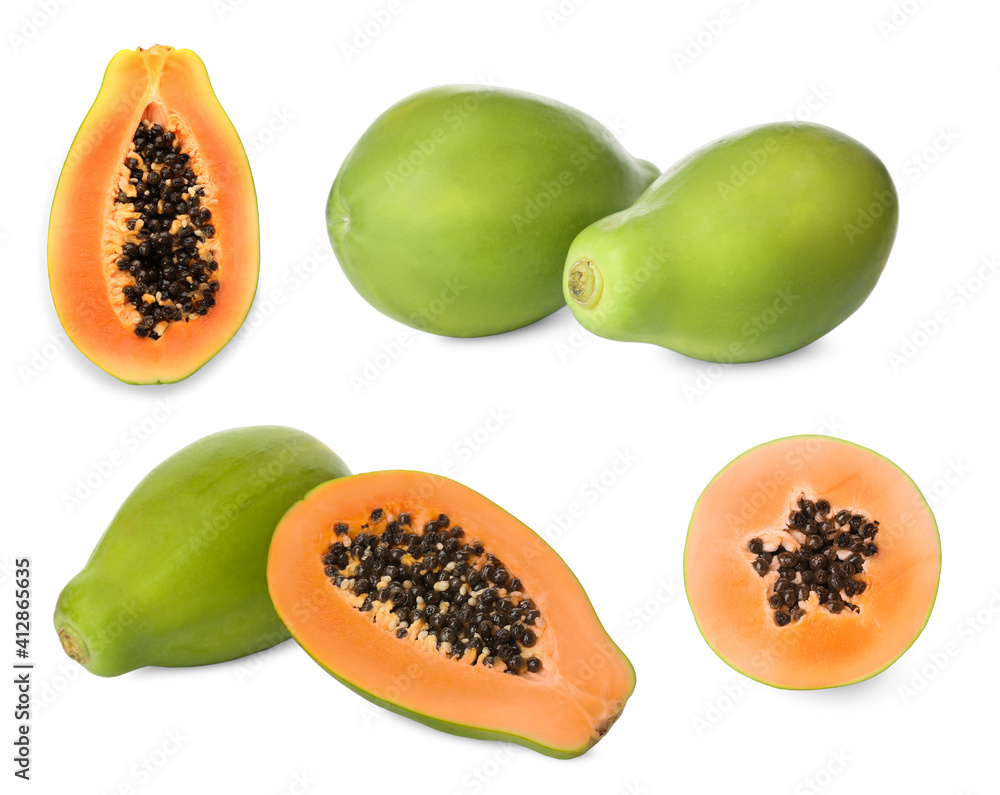Set with fresh ripe papaya fruits on white background Set with fresh ripe papaya fruits on white background
