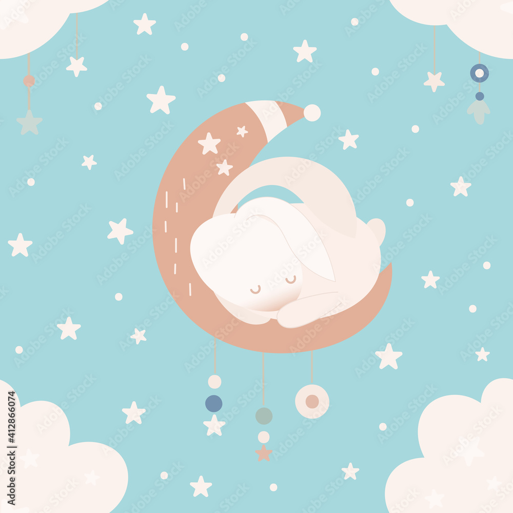 Happy Easter pattern for retro design of wrapping paper – Easter bunny sleeping on moon. Seamless vector illustration for packaging. Pattern is cut, no clipping mask. Happy Easter pattern for retro design of wrapping paper – Easter bunny sleeping on moon. Seamless vector illustration for packaging. Pattern is cut, no clipping mask.