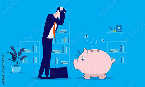 Man having no savings - Poor and sad businessman standing with empty piggy bank. Lack of money and financial trouble concept. Vector illustration.