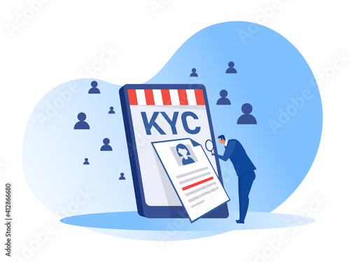 KYC or know your customer with business verifying the identity of its clients concept at the partners-to-be through a magnifying glass vector illustrator