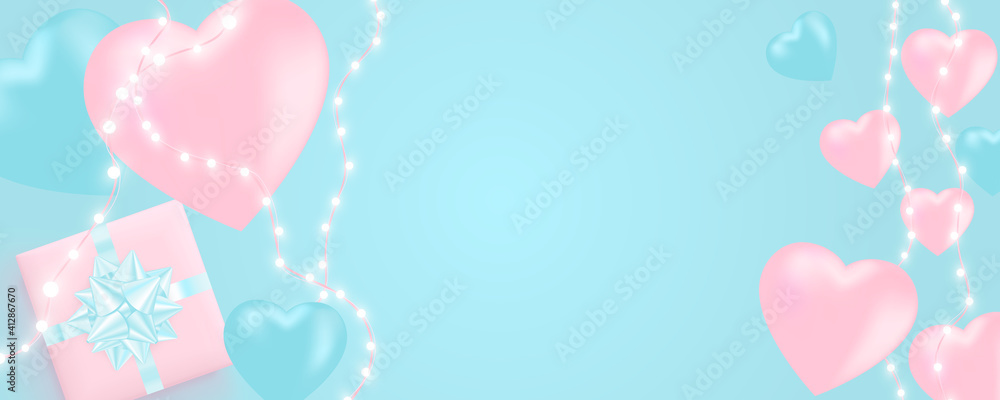 Happy Valentine's Day banner with shining lights garland, light bulbs, hearts, gift box on blue background. Valentine's Day card.