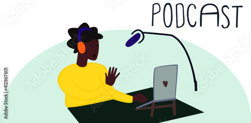 Podcast banner with talking black girl in yellow pullover. Radio host. Podcast author