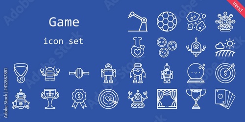game icon set. line icon style. game related icons such as potion, buttons, asteroids, wheel, poker, football, dart board, target, robot, ball, field, stage, ferris wheel, medal, trophy, toy