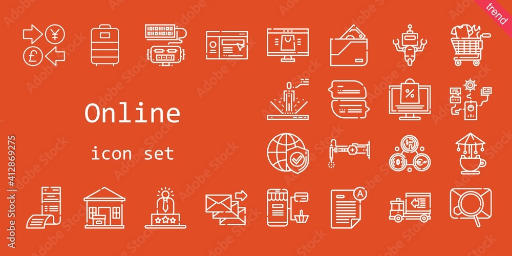 online icon set. line icon style. online related icons such as online shopping, website, wallet, bill, delivery truck, carousel, user experience, trolley, robot, exam, shop, package delivered online icon set. line icon style. online related icons such as online shopping, website, wallet, bill, delivery truck, carousel, user experience, trolley, robot, exam, shop, package delivered