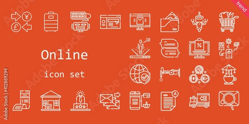 online icon set. line icon style. online related icons such as online shopping, website, wallet, bill, delivery truck, carousel, user experience, trolley, robot, exam, shop, package delivered