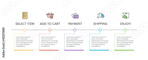 Concept of shopping process with 5 successive steps. Five colorful graphic elements. Timeline design for brochure, presentation, web site. Infographic design layout.