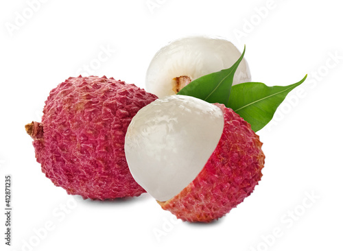 Fresh ripe lychee fruits on white background