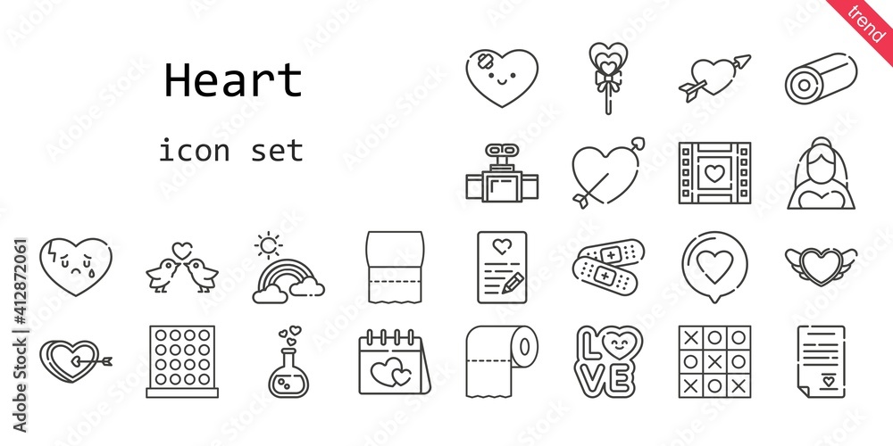 heart icon set. line icon style. heart related icons such as bride, love, band aid, broken heart, lollipop, wedding video, heart, love potion, cupid, rainbow, love birds, tic tac toe