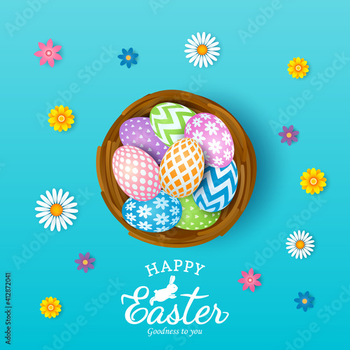 happy easter greeting card with easter bunny and set of eggs with ornament.