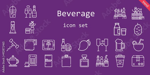 beverage icon set. line icon style. beverage related icons such as smoothie, barrel, berry, portable fridge, package, fridge, milk, teapot, mixed, mango, hip flask, milkshake, cocktail, coffee cup