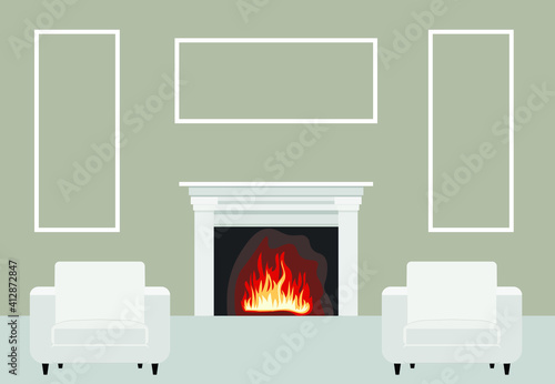 vector living room with fireplace in the house. flat image of a fireplace with a flame. soft armchairs and a sofa near the fireplace with fire. warmth and comfort in the house. interior with fireplace
