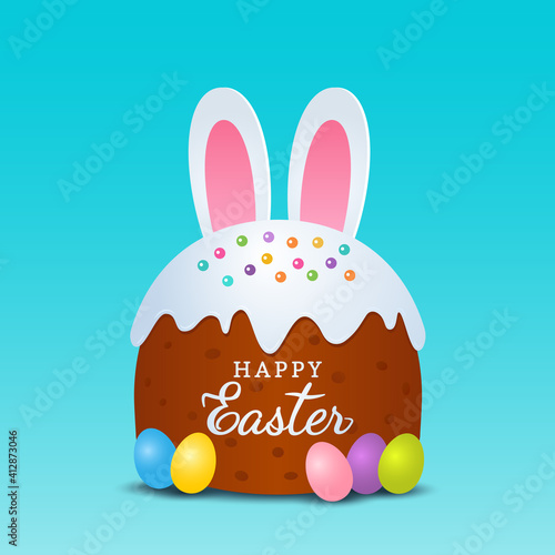 Easter sweet cake in white glaze with Easter bunny ears and a set of Easter eggs.