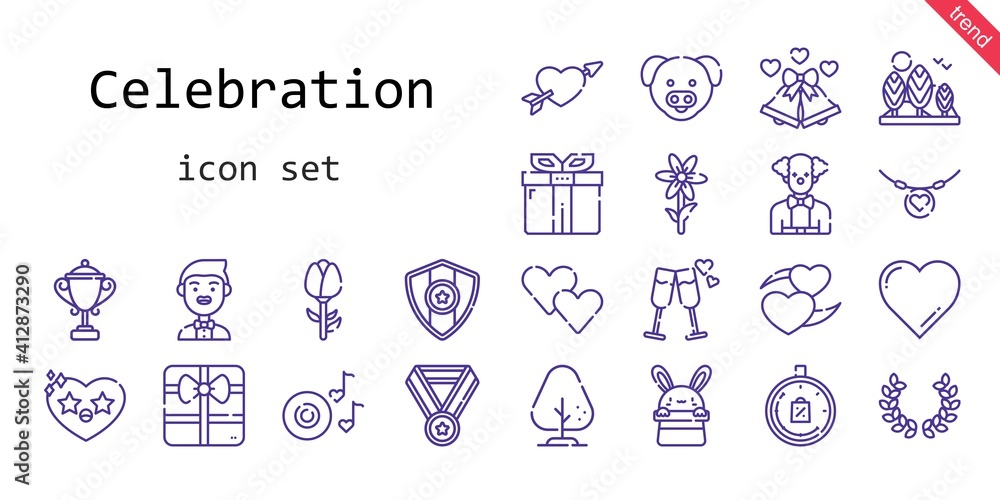 celebration icon set. line icon style. celebration related icons such as laurel, gift, groom, limited time, tree, necklace, wedding bells, heart, pig, flower, cupid, romantic music, celebration icon set. line icon style. celebration related icons such as laurel, gift, groom, limited time, tree, necklace, wedding bells, heart, pig, flower, cupid, romantic music,