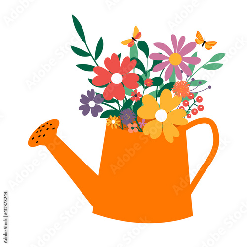 Water can with a bouquet of flowers. Spring and Summer Icon. EPS10