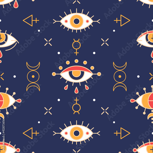 Seamless wicca pattern with esoteric eyes and Triple Goddess symbol. Providence and shamanism - esoteric print design. Fortune teller or Gypsy - pagan and occult seamless ornament with evil eyes