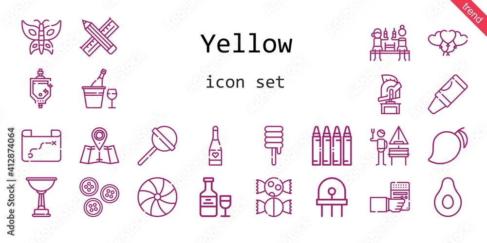 yellow icon set. line icon style. yellow related icons such as banana, german, crayon, buttons, candy, balloons, lollipop, pencil, mango, radio, urinal, butterfly, helmet, diode, champagne, sweet