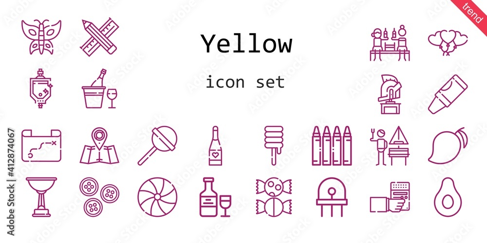 yellow icon set. line icon style. yellow related icons such as banana, german, crayon, buttons, candy, balloons, lollipop, pencil, mango, radio, urinal, butterfly, helmet, diode, champagne, sweet yellow icon set. line icon style. yellow related icons such as banana, german, crayon, buttons, candy, balloons, lollipop, pencil, mango, radio, urinal, butterfly, helmet, diode, champagne, sweet