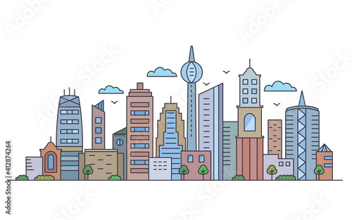 Photography panorama of a big city metropolis with modern buildings and skyscrapers in a lin