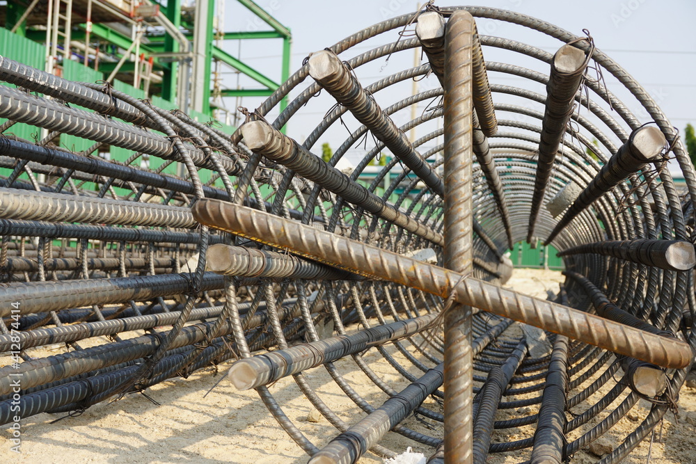 Steel rebar for bore pile reinforcement concrete at construction site