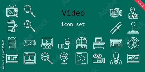 video icon set. line icon style. video related icons such as vhs, video player, tv table, zoom in, television, news reporter, degree, joystick, camera, film reel, journalist, webcam