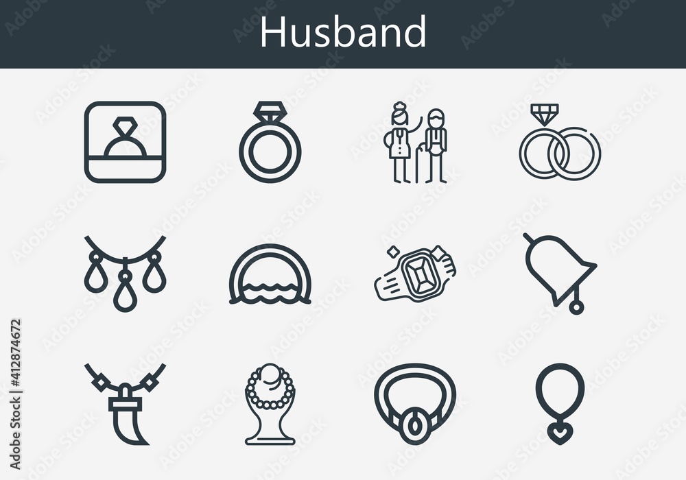 Premium set of husband line icons. Simple husband icon pack. Stroke vector illustration on a white background. Modern outline style icons collection of Necklace, Ring, Rings, Old man